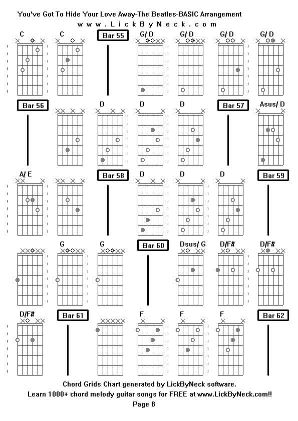 Chord Grids Chart of chord melody fingerstyle guitar song-You've Got To Hide Your Love Away-The Beatles-BASIC Arrangement,generated by LickByNeck software.